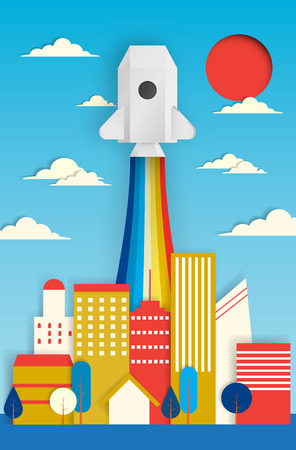 Roket paper art with beautiful background vector illustrationのイラスト素材