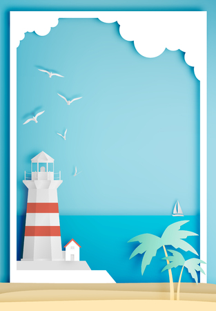 Lighthouse with ocean background frame paper art style illustrationのイラスト素材