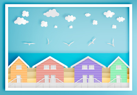Beach house with ocean background frame paper art style vector illustrationのイラスト素材
