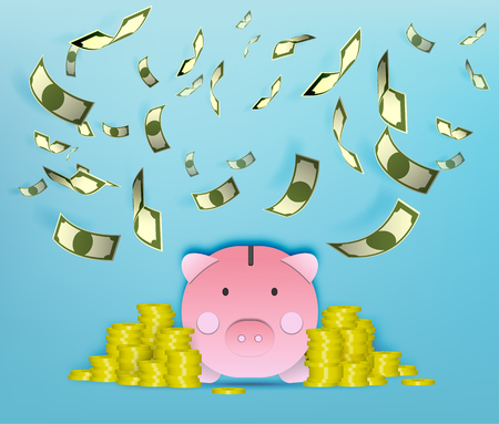 Pig money box with flying money paper art vector illustrationのイラスト素材