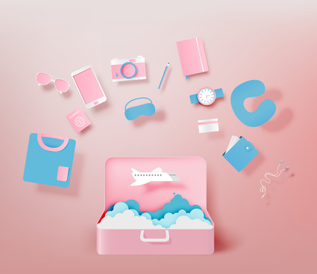 Travel items packing list paper art style vector illustration setのイラスト素材