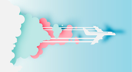 Airplane aerial view paper art with beautiful background vector illustrationのイラスト素材