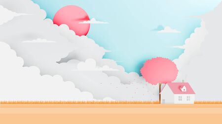 House in Fall season in paper art style vector illustrationのイラスト素材