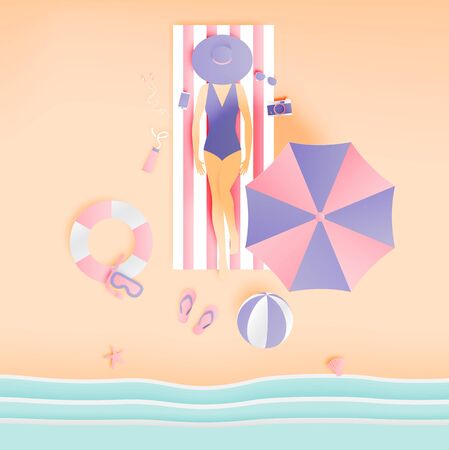Woman lay down on the beach with beautiful beach  background paper art style vector illustrationのイラスト素材