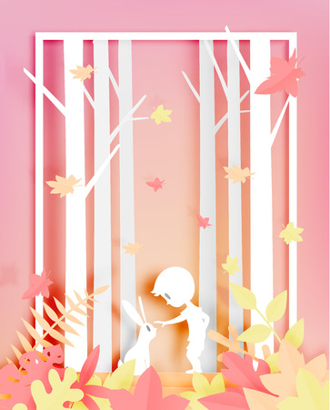 Rabbit in the woods with paper art style and beautiful pastel color background vector illustrationのイラスト素材