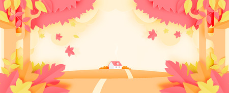 Beautiful Autumn leaves and house paper cut style background vector illustrationのイラスト素材