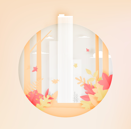 Beautiful Autumn leaves and city paper cut style background vector illustrationのイラスト素材