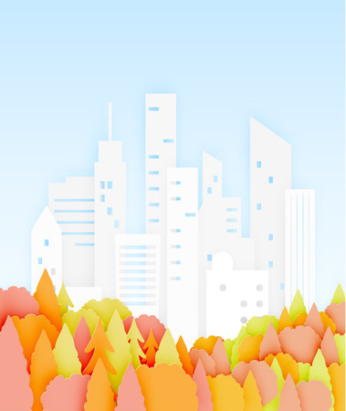 Beautiful Autumn leaves and city paper cut style background vector illustrationのイラスト素材