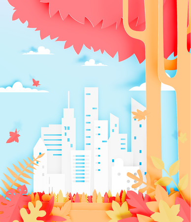 Beautiful Autumn leaves and city paper cut style illustration.のイラスト素材