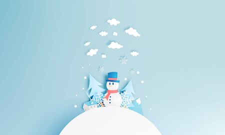 Snowman and Winter landscape with paper art style.のイラスト素材