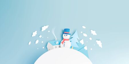 Snowman and Winter landscape with paper art style.のイラスト素材