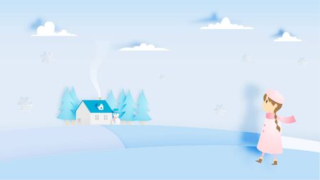 Cute girl with snowman and winter landscape.のイラスト素材