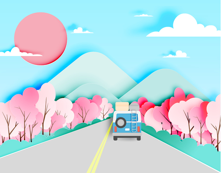 Road trip with car in spring season and natural pastel color scheme background paper cut style vector illustrationのイラスト素材