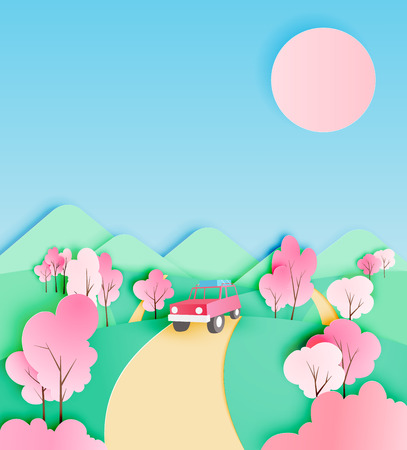Road trip with car in spring season and natural pastel color scheme background paper cut style vector illustrationのイラスト素材