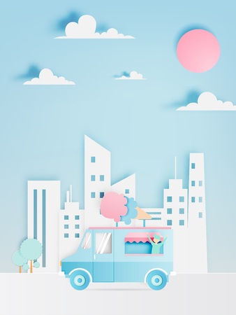 Ice cream food truck in paper art digital craft style and pastel color scheme with city background.のイラスト素材