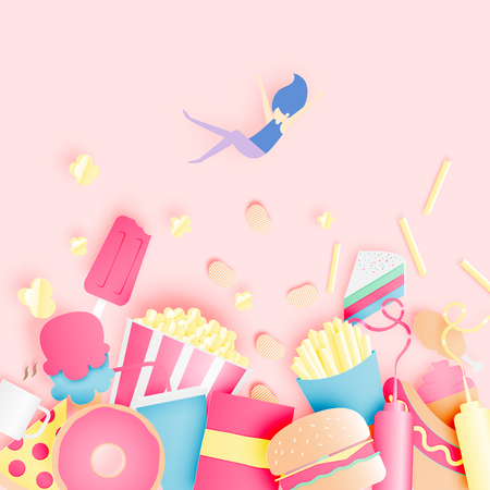 Various junk food in paper art style with pastel scheme vector illustration.のイラスト素材