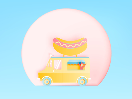 Hot dog food truck in paper art digital craft style and pastel color scheme vector illustrationのイラスト素材