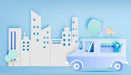 Ice cream food truck in paper art digital craft style and pastel color scheme with city background.のイラスト素材