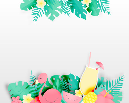 Tropical floral with flamingo and cocktail in paper art style and pastel color scheme background vector illustrationのイラスト素材