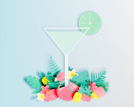 Tropical floral with flamingo and cocktail in paper art style and pastel color scheme background vector illustrationのイラスト素材