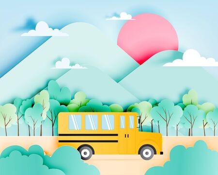 School bus paper art style driving on the road with beautiful background vector illustrationのイラスト素材