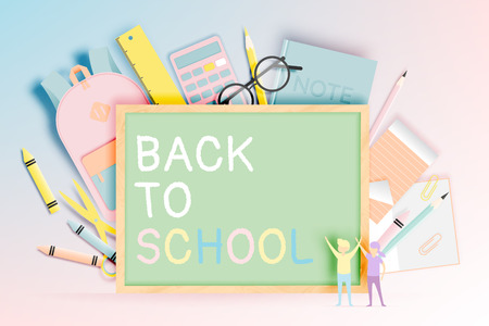 Various stationery for back to school in paper art style with pastel color vector illustrationのイラスト素材