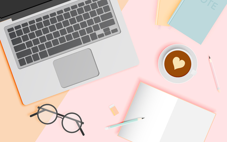 Workspace flat lay stationery in paper art style with pastel color scheme background vector illustrationのイラスト素材