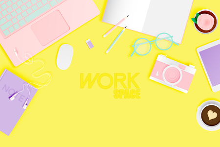 Workspace flat lay stationery in paper art style with pastel color scheme background vector illustrationのイラスト素材