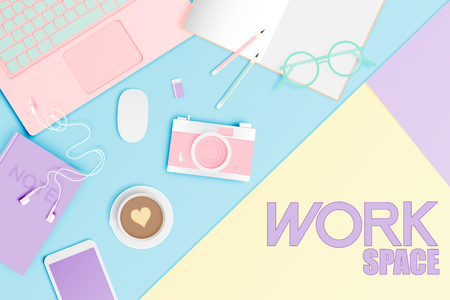 Workspace flat lay stationery in paper art style with pastel color scheme background vector illustrationのイラスト素材