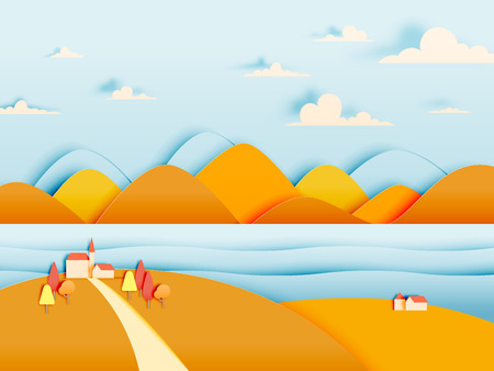 The house and mountain with beautiful landscape in autumn background vector illustrationのイラスト素材