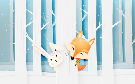 Cute fox and rabbit in the wood with paper art style pastel scheme vector illustrationのイラスト素材