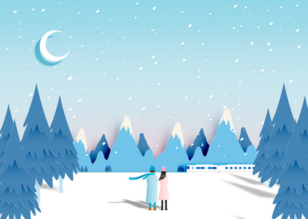 Cute couple with snow landscape in paper art style vector illustrationのイラスト素材