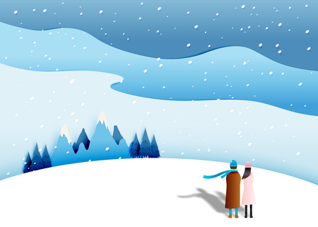 Cute couple with snow landscape in paper art style vector illustrationのイラスト素材
