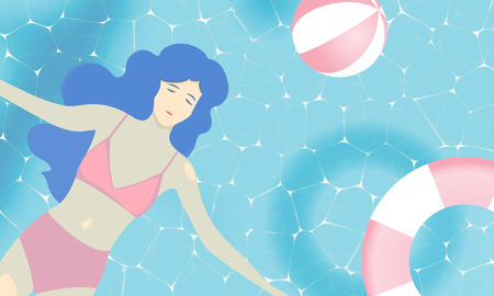 Woman floating in the pool with paper art style and pastel color vector illustrationのイラスト素材