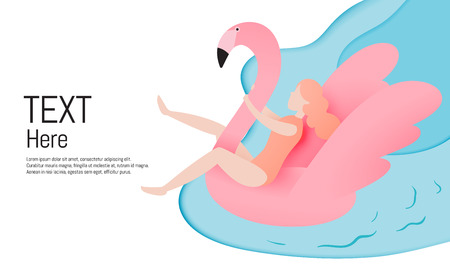 Girl floating on the beach with flamingo with beautiful sea background paper cut style vector illustrationのイラスト素材