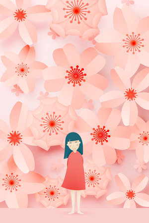 Cute girl with Beautiful floral paper art and pastel color scheme vector illustationのイラスト素材