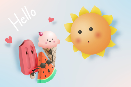 Hello Summer with Tropical fruits and ice cream in cartoon art style and pastel color scheme background vector illustrationのイラスト素材