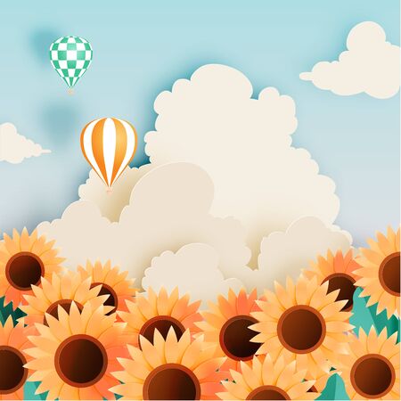 Sunflower field with paper art style and pastel scheme vector illustrationのイラスト素材