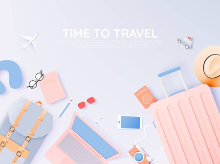 Travel various items in paper art style with pastel color scheme background vector illustrationのイラスト素材