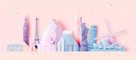 Various travel attractions in paper art style and pastel color and famous tourist landmarks elements for travel and tour . Vector illustrationのイラスト素材