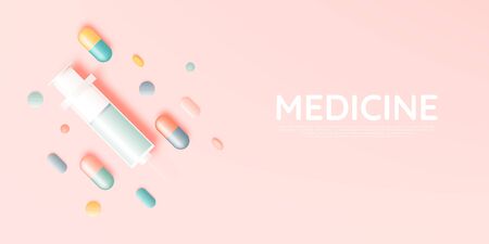 Syringe and medicine in pastel color scheme and paper art vector illustrationのイラスト素材