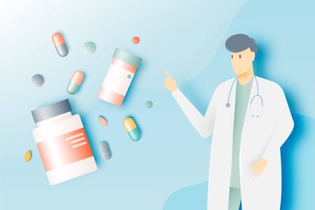 Doctor and medicine in pastel color scheme and paper art vector illustrationのイラスト素材