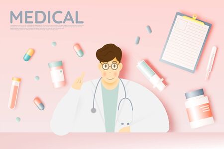 Doctor and medicine in pastel color scheme and paper art vector illustrationのイラスト素材