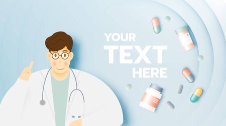 Doctor and medicine in pastel color scheme and paper art vector illustrationのイラスト素材