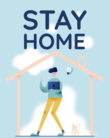 Man with laptop for work from home  idea in paper art style with pastel color scheme background vector illustrationのイラスト素材