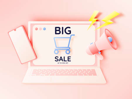 Shopping bag and Megaphone and mobile phone for sale banner in paper art style and pastel scheme vector illustrationのイラスト素材