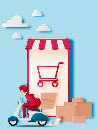 A man drive a scooter motorbike for delivery business with paper art style and pastel colorful schemeのイラスト素材