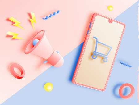 Shopping cart and Megaphone and mobile phone for sale banner in paper art style and pastel scheme...