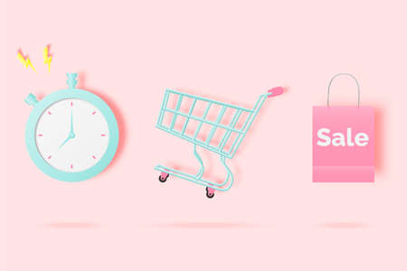 Shopping cart for sale banner in paper art style and pastel scheme vector illustrationのイラスト素材