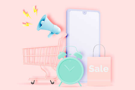 Shopping cart for sale banner in paper art style and pastel scheme vector illustrationのイラスト素材